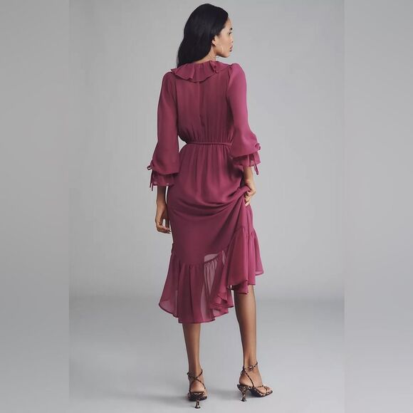 Anthropologie Long-Sleeve Ruffled Asymmetric Midi Dress - Picture 2 of 6